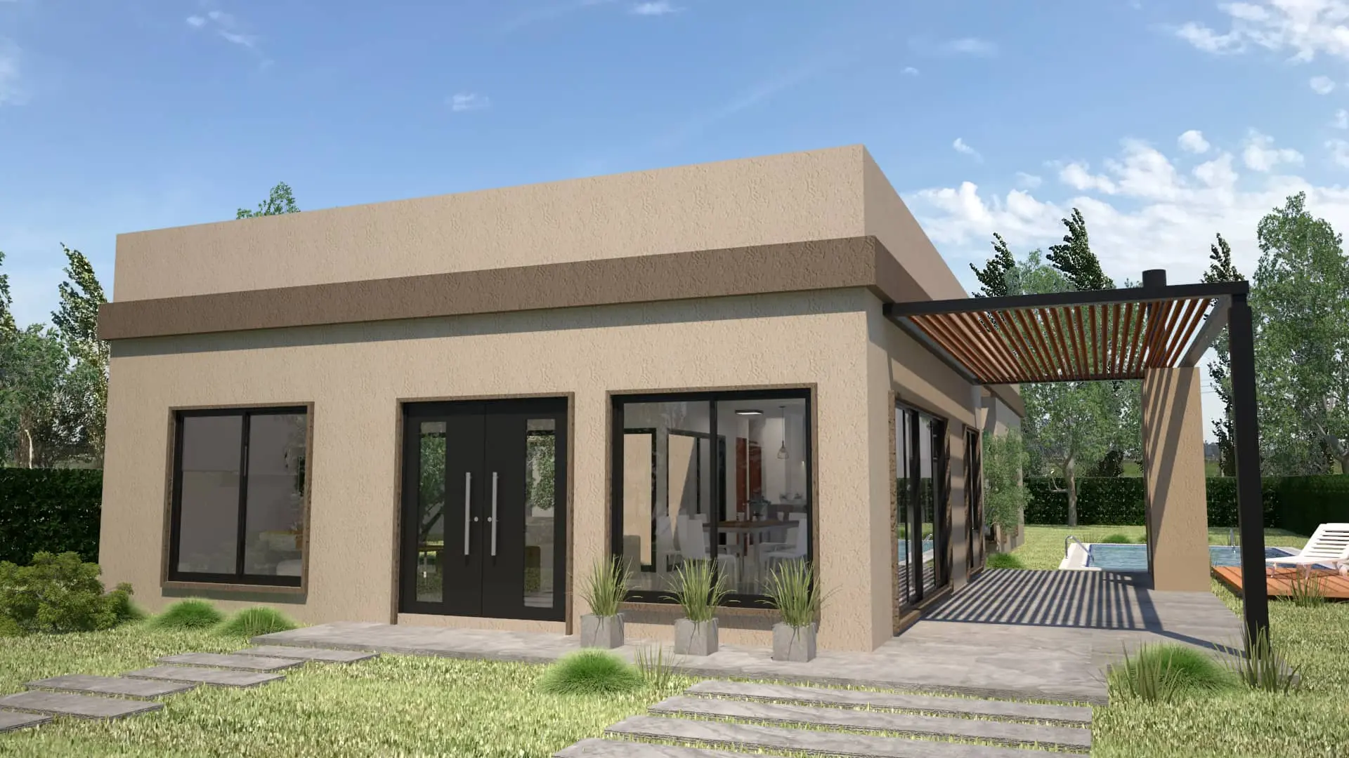 Fotografía de una casa moderna construida mediante el sistema Steel Framing
