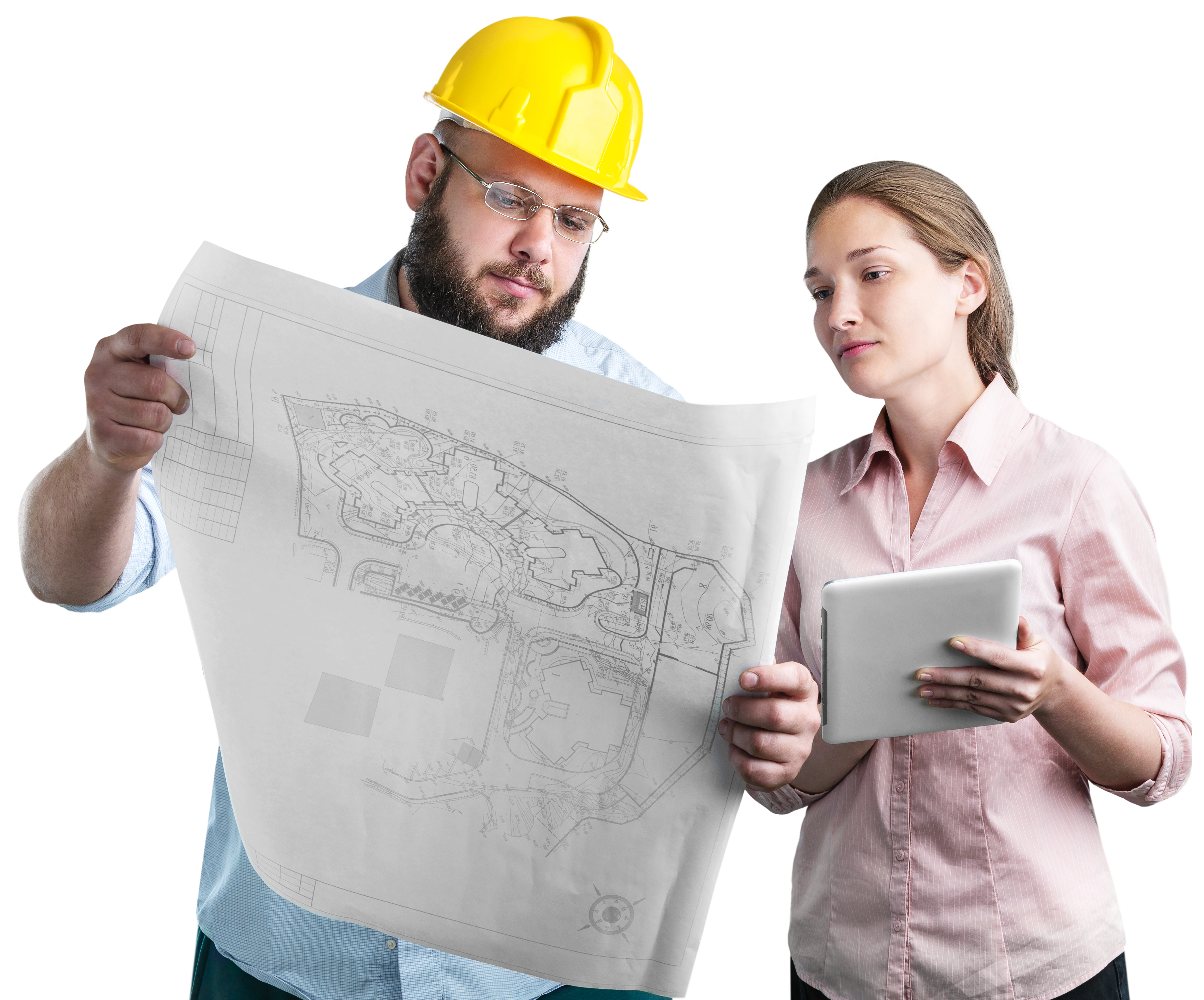 Imagen de mujer y hombre con ropa de trabajo de construcción viendo un plano